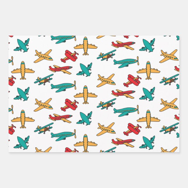 colourful Airplane Pattern White Background Wrapping Paper Sheets (Front)