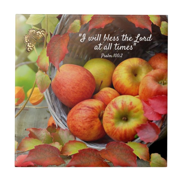 Colourful Apple Basket and Fall Leaves. Customized Ceramic Tile (Front)