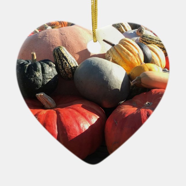 Colourful Autumn Gourds and Pumpkins Heart Ceramic Ornament (Front)
