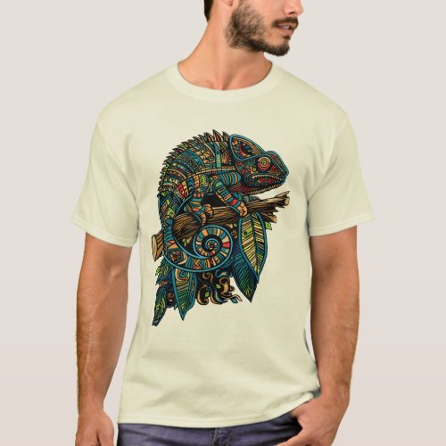 Colourful Aztec Mosaic Chameleon on Branch Leaves T_Shirt