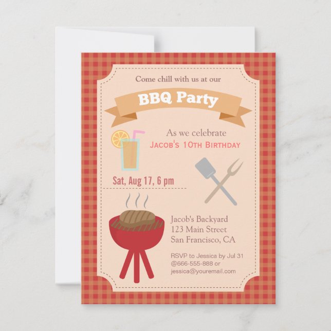 Colourful backyard bbq party, plaid pattern invitation (Front)