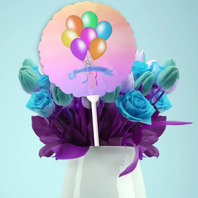 Colourful Balloons Gathered with Ribbon Banner (Colourful balloons with ribbons and blue Happy Birthday banner on peach, pink, purple mylar balloon.)
