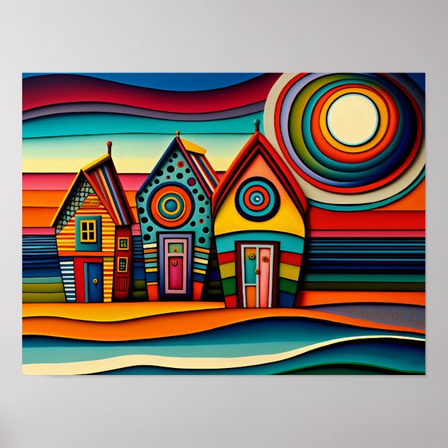 Colourful Beach Huts art  Poster (Front)