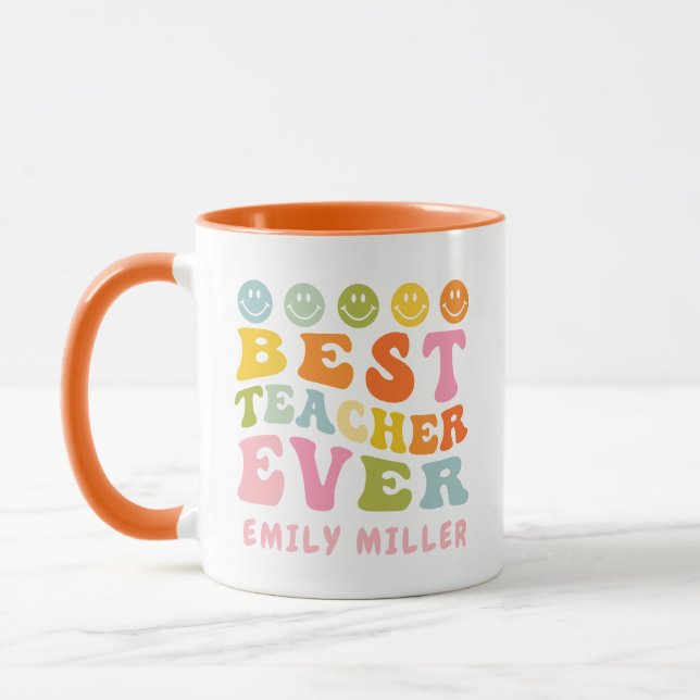 Colourful Best Teacher Ever Custom Name Mug (Left)