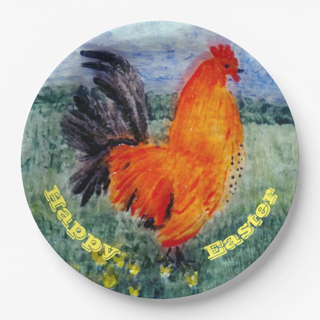 Colourful Bird Rooster Chicken Easter Paper Plates (Front)