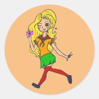 Colourful blonde cartoon girl. Fluffy. Classic Round Sticker