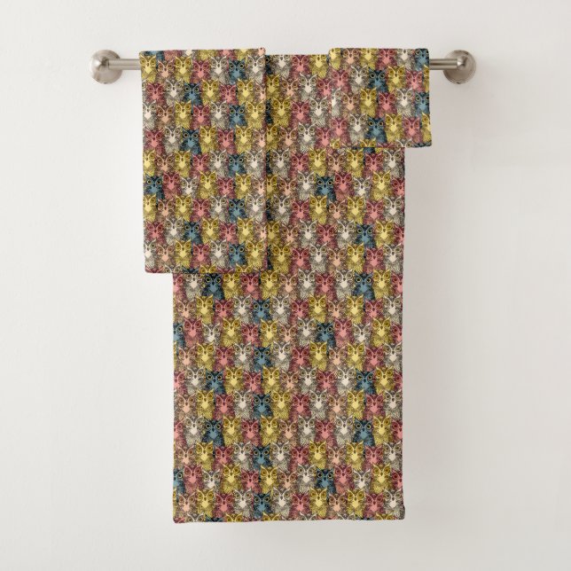 Colourful Boho Woodland Owl Pattern Bath Towel Set (Insitu)