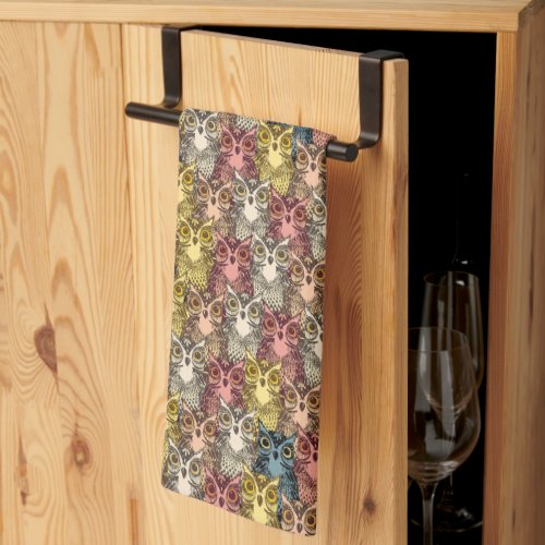 Colourful Boho Woodland Owl Pattern Kitchen Towel
