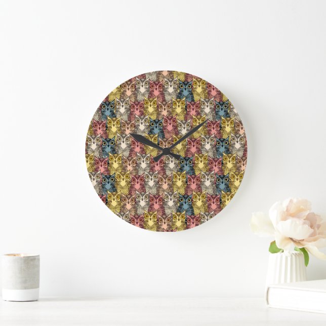 Colourful Boho Woodland Owl Pattern Large Clock (Home)