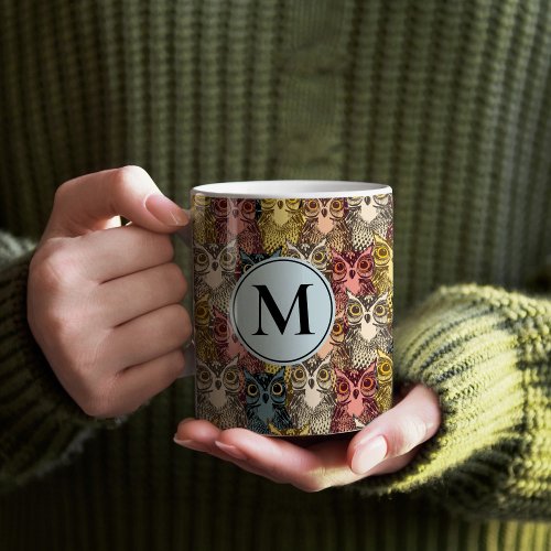 Colourful Boho Woodland Owl Pattern  Monogram Coffee Mug