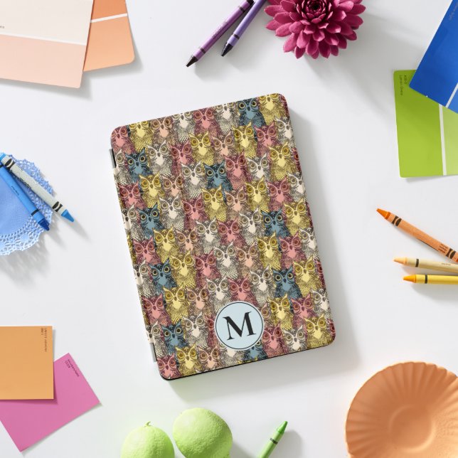 Colourful Boho Woodland Owl Pattern & Monogram iPad Pro Cover (Desk)