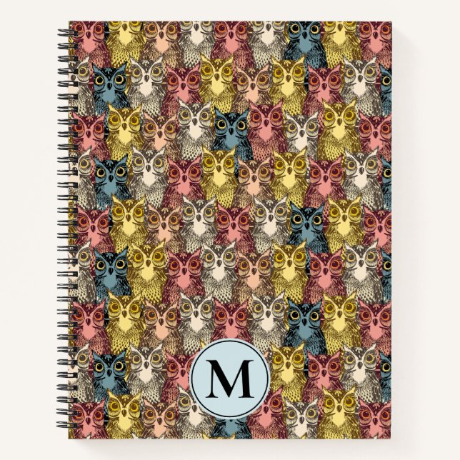 Colourful Boho Woodland Owl Pattern & Monogram Notebook (Front)