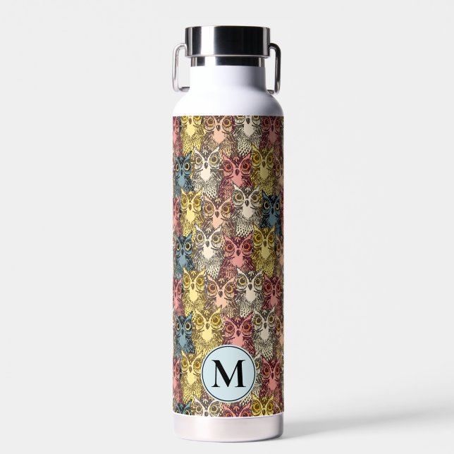 Colourful Boho Woodland Owl Pattern & Monogram Water Bottle (Front)