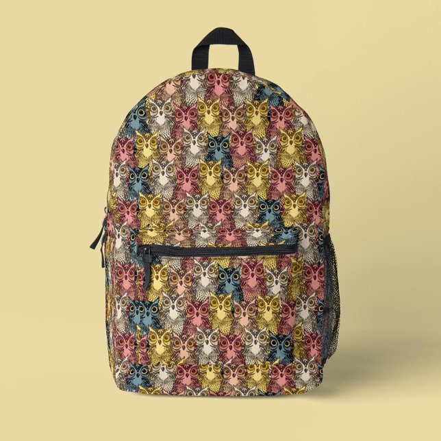 Colourful Boho Woodland Owl Pattern Printed Backpack (Many Owls Pattern Backpack)