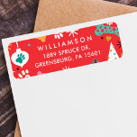 Colourful Bone, Paw Print, Snowflake Pet Pattern Label<br><div class="desc">Celebrate the magical and festive holiday season with our custom pet theme Christmas labels. Our fun colourful pet holiday label features a fun, vibrant pet theme pattern that incorporates: paw prints, bones, Christmas tree, snowflakes and ornaments illustration on a bold red background that fames the name and address. All artwork...</div>