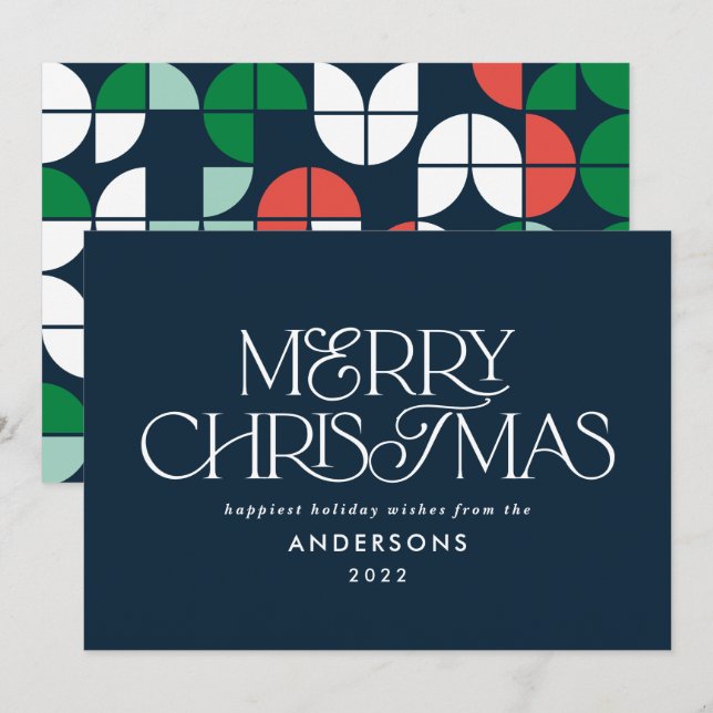 Colourful bright blue Christmas geometric script Holiday Card (Front/Back)