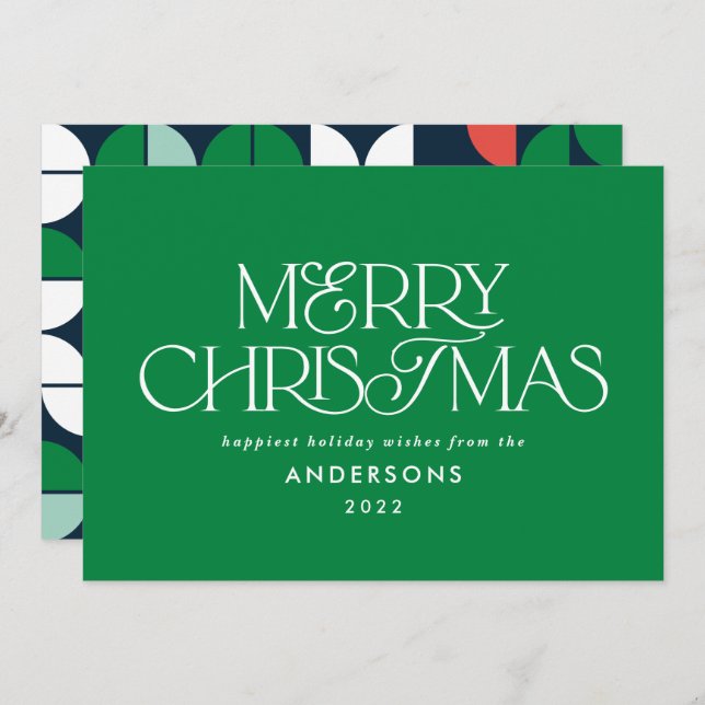 Colourful bright green Christmas geometric script Holiday Card (Front/Back)