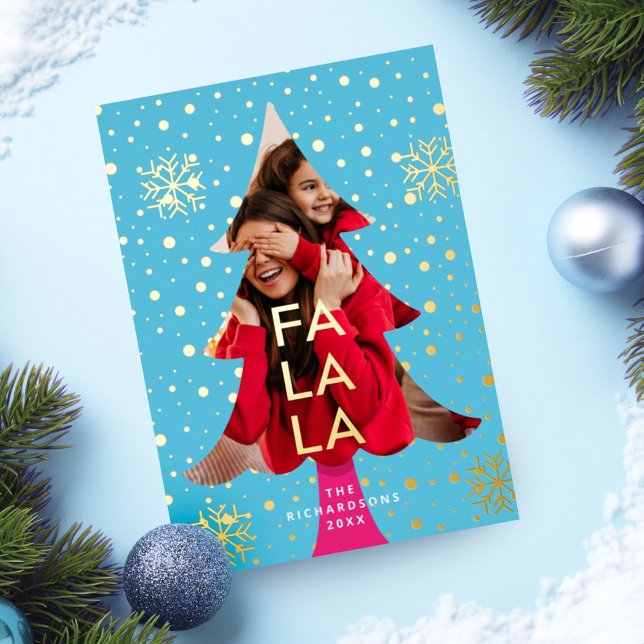 Colourful Bright Neon Fa La Christmas Photo Blue Foil Invitation (Colourful Bright Neon Fa La Christmas Photo Blue Foil Invitation)