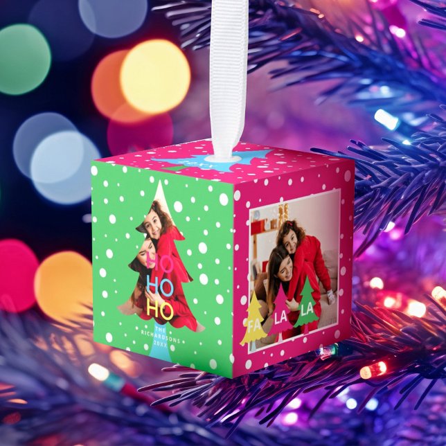 Colourful Bright Neon Fa La Christmas Photo Cube Ornament (Colourful Bright Neon Fa La Christmas Photo Cube Ornament)