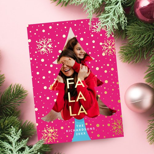 Colourful Bright Neon Fa La Christmas Photo Pink Foil Invitation