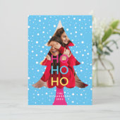 Colourful Bright Neon Ho Ho Christmas Photo Blue Holiday Card (Standing Front)