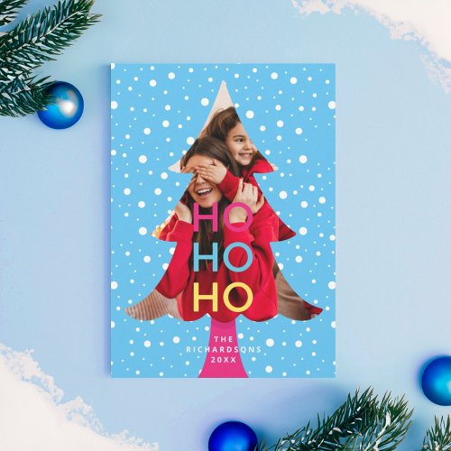 Colourful Bright Neon Ho Ho Christmas Photo Blue Holiday Card