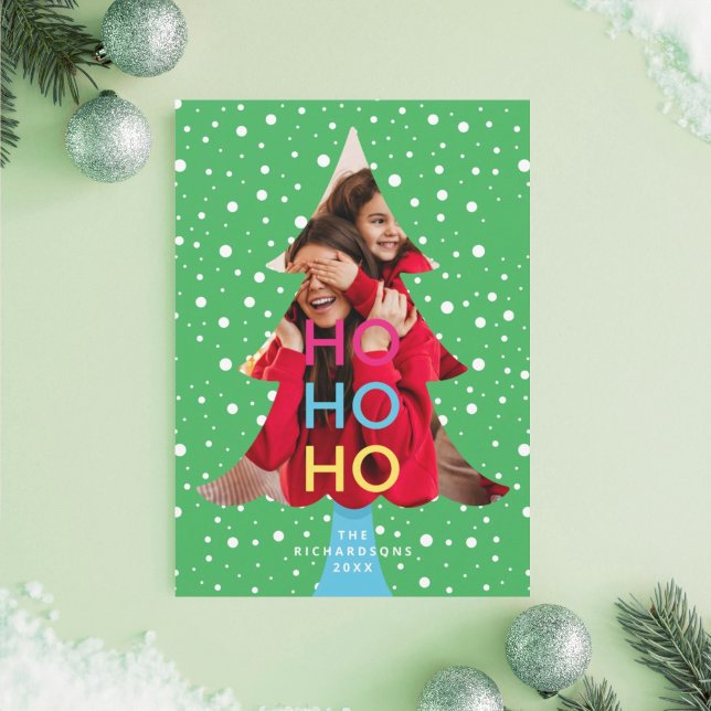 Colourful Bright Neon Ho Ho Christmas Photo Green Holiday Card