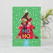 Colourful Bright Neon Ho Ho Christmas Photo Green Holiday Card (Standing Front)