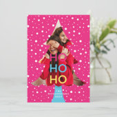 Colourful Bright Neon Ho Ho Christmas Photo Pink Holiday Card (Standing Front)