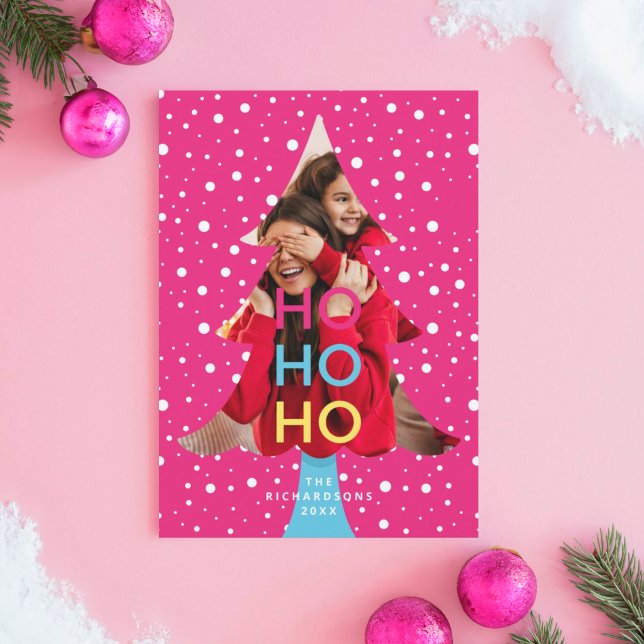 Colourful Bright Neon Ho Ho Christmas Photo Pink Holiday Card