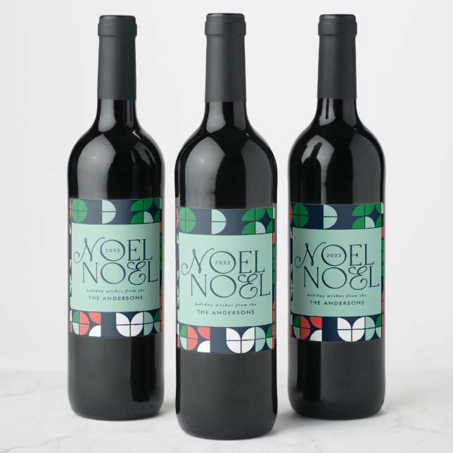 Colourful bright Noel Christmas geometric script W Wine Label (Bottles)