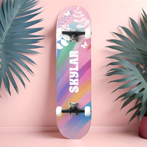 Colourful Bright Rainbow Pride Pattern Floral Pink Skateboard