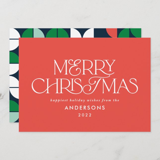 Colourful bright red Christmas geometric script Holiday Card (Front/Back)