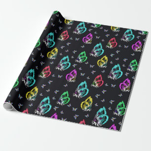 Colourful Butterflies Aesthetic Black Background Wrapping Paper