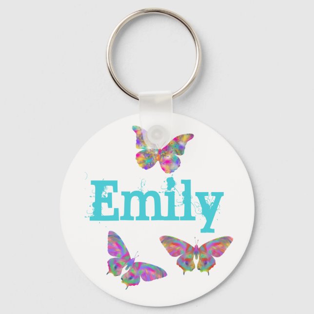 Colourful Butterfly Art Pattern Emily Add Name Keychain (Front)