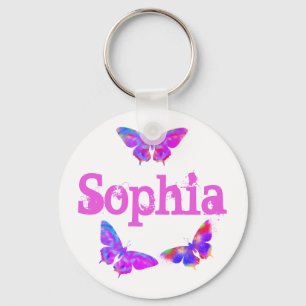 Colourful Butterfly Art Pink Sophia Add Name Keychain