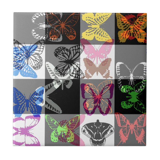 Colourful Butterfly Plaid Tartan Check Design  Ceramic Tile (Front)