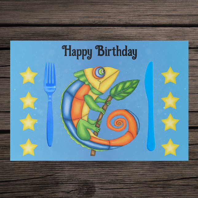 Colourful Cartoon Lizard Leaf Yellow Stars Blue Paper Pad (Lizard in bright colours with leaf on twig yellow stars on blue Birthday paper placemats for kids.)