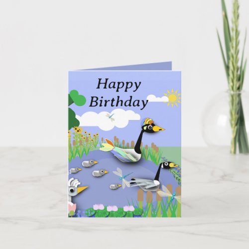 Colourful cartoon style pond with geese and ducks card