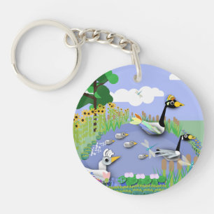Colourful cartoon style pond with geese and ducks keychain