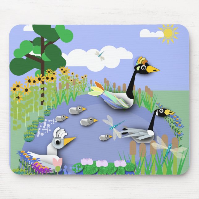 Colourful cartoon style pond with geese and ducks mouse pad (Front)