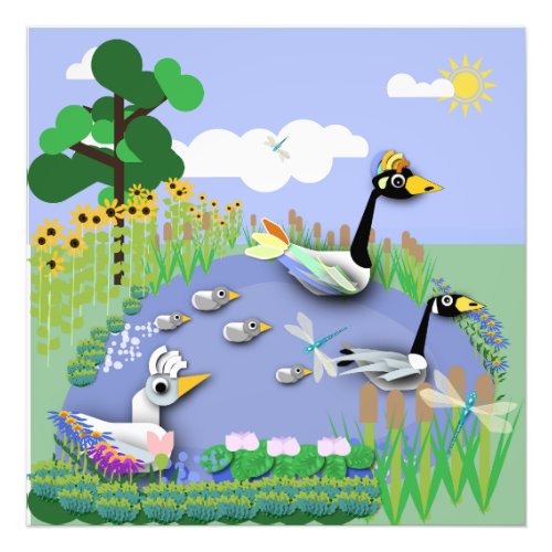 Colourful cartoon style pond with geese and ducks photo print