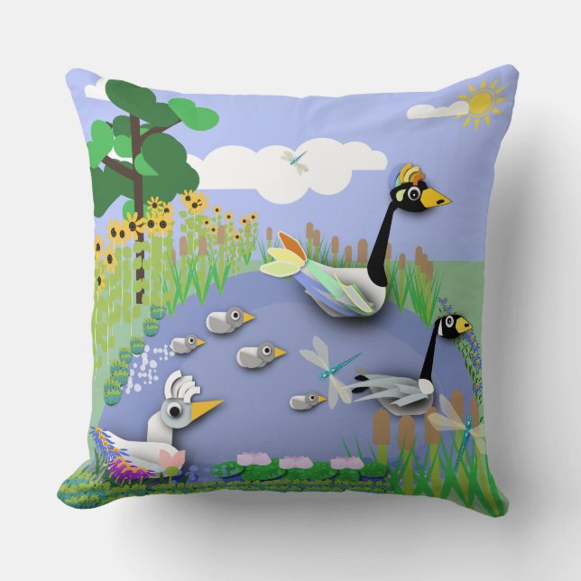 Colourful cartoon style pond with geese and ducks throw pillow (Front)