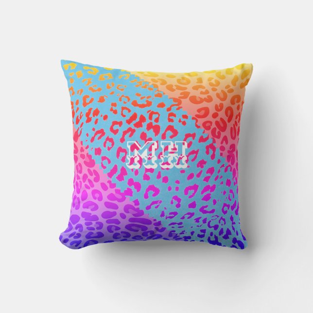 Colourful Cheetah Print Rainbow Initials Monogram  Throw Pillow (Front)