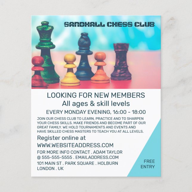 Colourful Chess Pieces, Chess Club Advertising Flyer (Front)