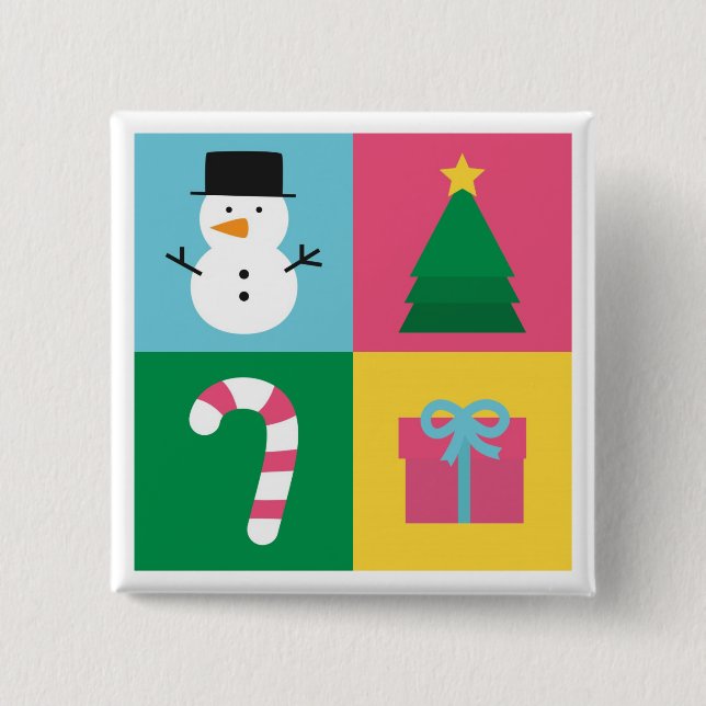 Colourful Christmas with Snowman, Tree, Candy Pinback Button (Front)
