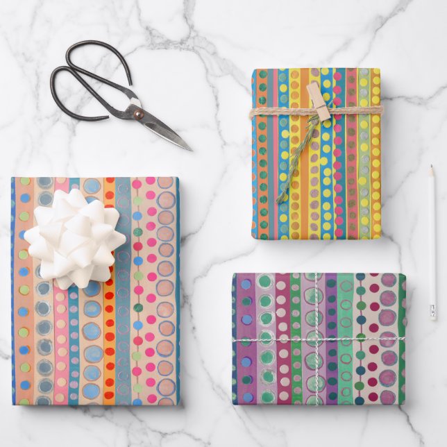 Colourful Circles and Stripes Wrapping Paper Sheets (Front)