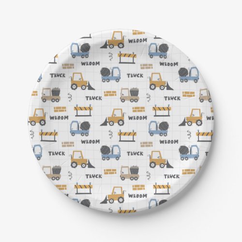 Colourful Construction Trucks Pattern Paper Plates