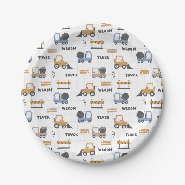 Colourful Construction Trucks Pattern Paper Plates (Front)