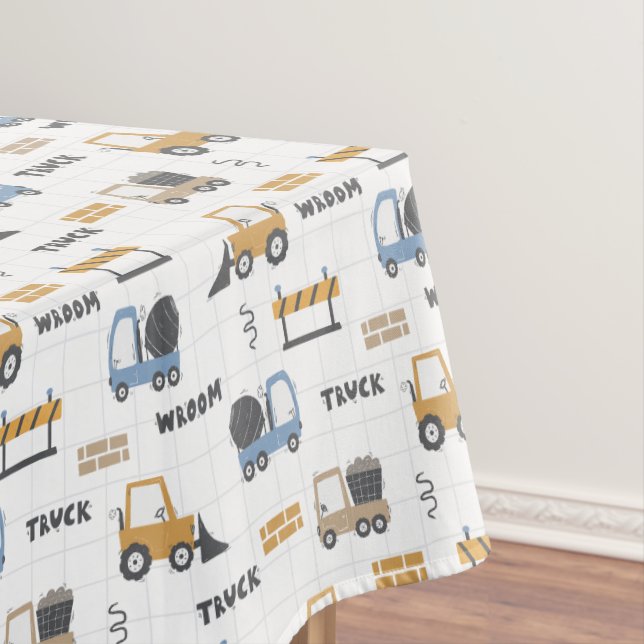 Colourful Construction Trucks Pattern Tablecloth (In Situ)